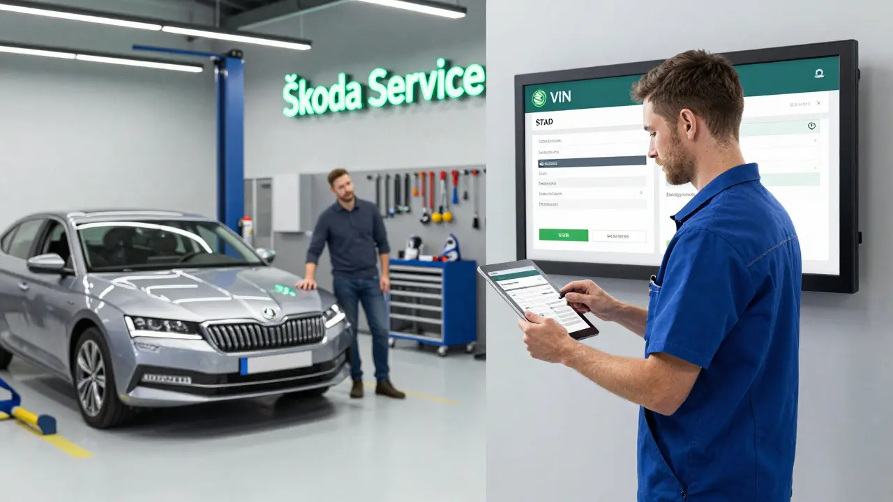 Technik v autorizovaném servisu Škoda zobrazuje servisní historii na tabletu podle VIN kódu.