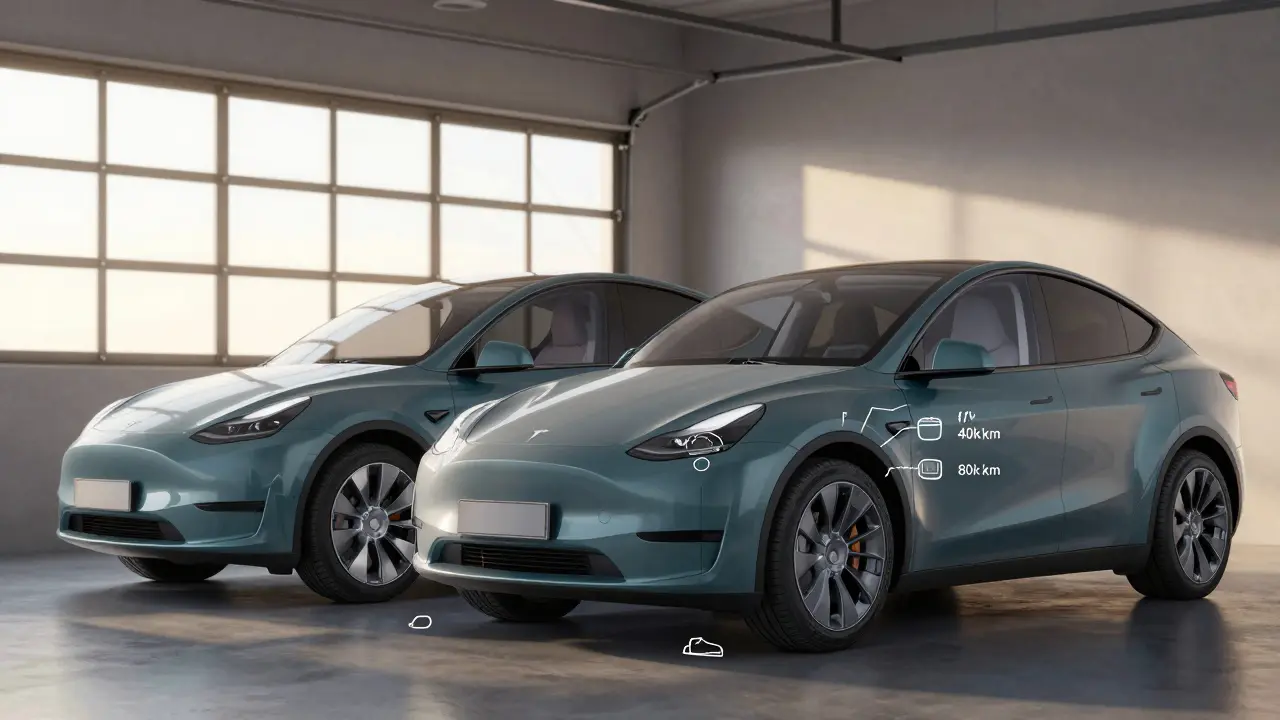 Tesla Model Y a Model S s transparentními ukazateli údržby v českém garáži.