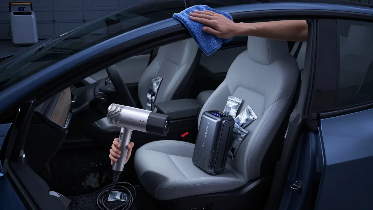 Tesla v garáži s elektrickou sušičkou a silikagelovými sáčky při sušení.