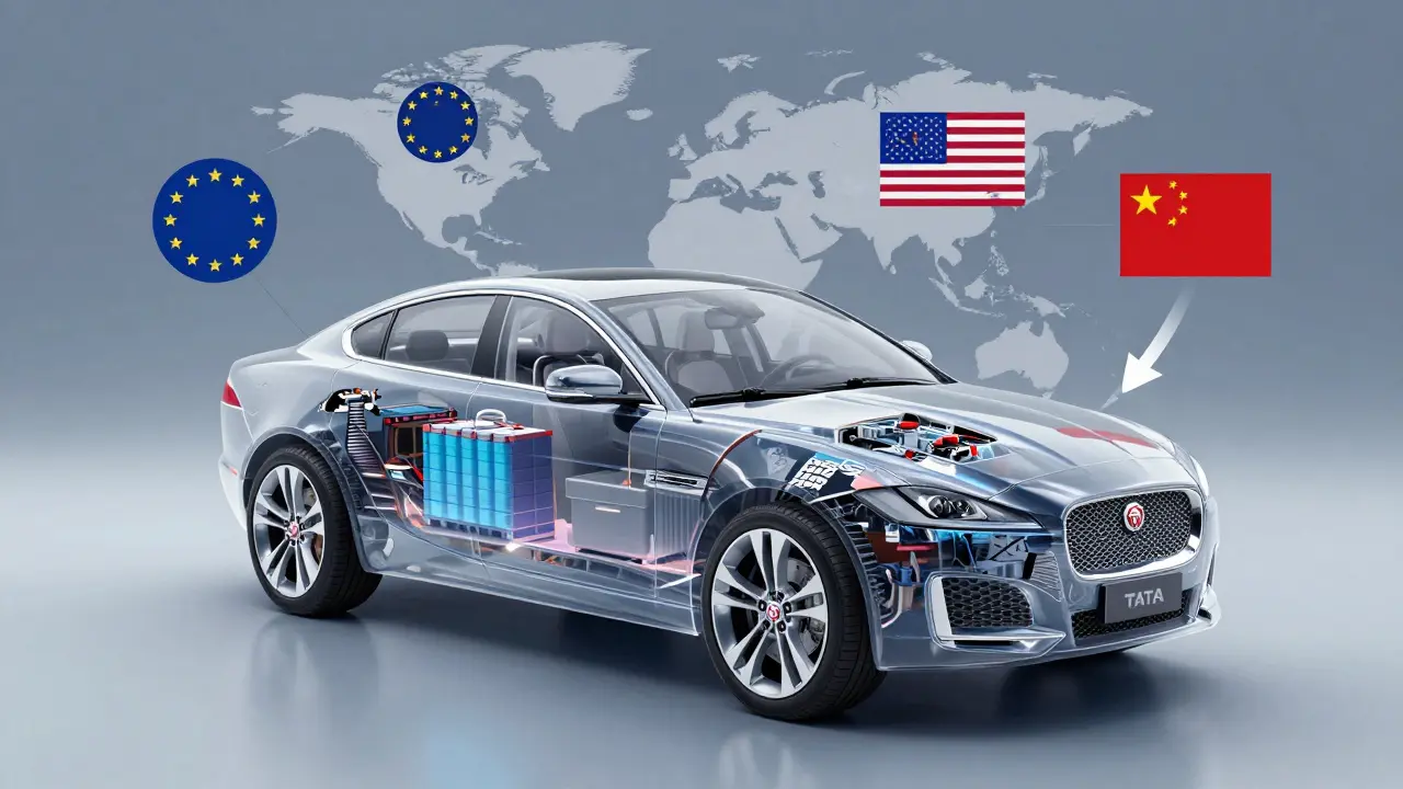 Transparent Jaguar car with internal components labeled, floating amid global market symbols.