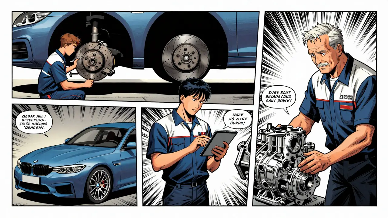 Tři fáze kariéry automechanika v Německu: učeň, odborník a mistr.