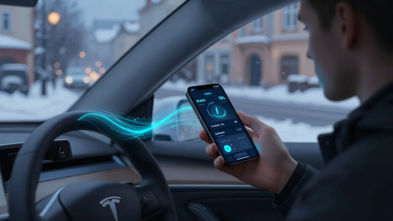 Vlastník Tesla v Česku sleduje stav auta na telefonu při sněžení.