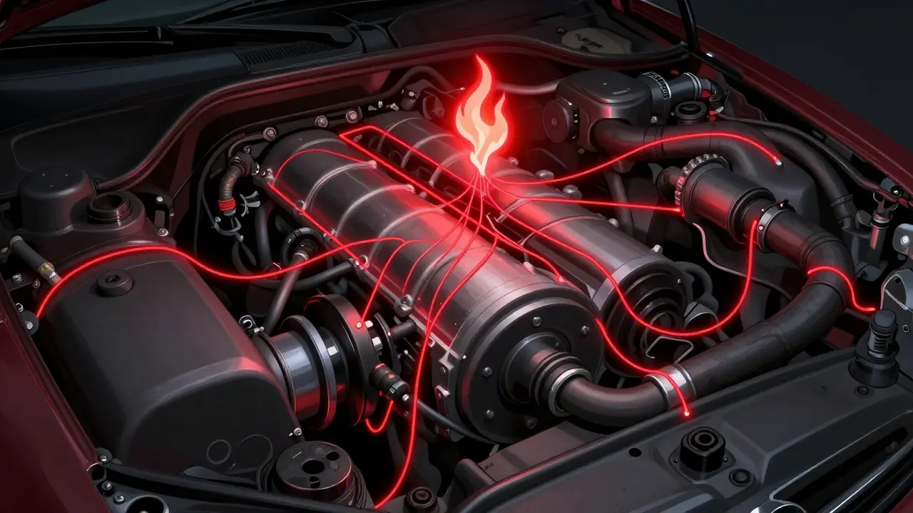 Vnitřní části motoru Mercedesu s viditelnými selháními: vodní čerpadlo, filtr a hadice.