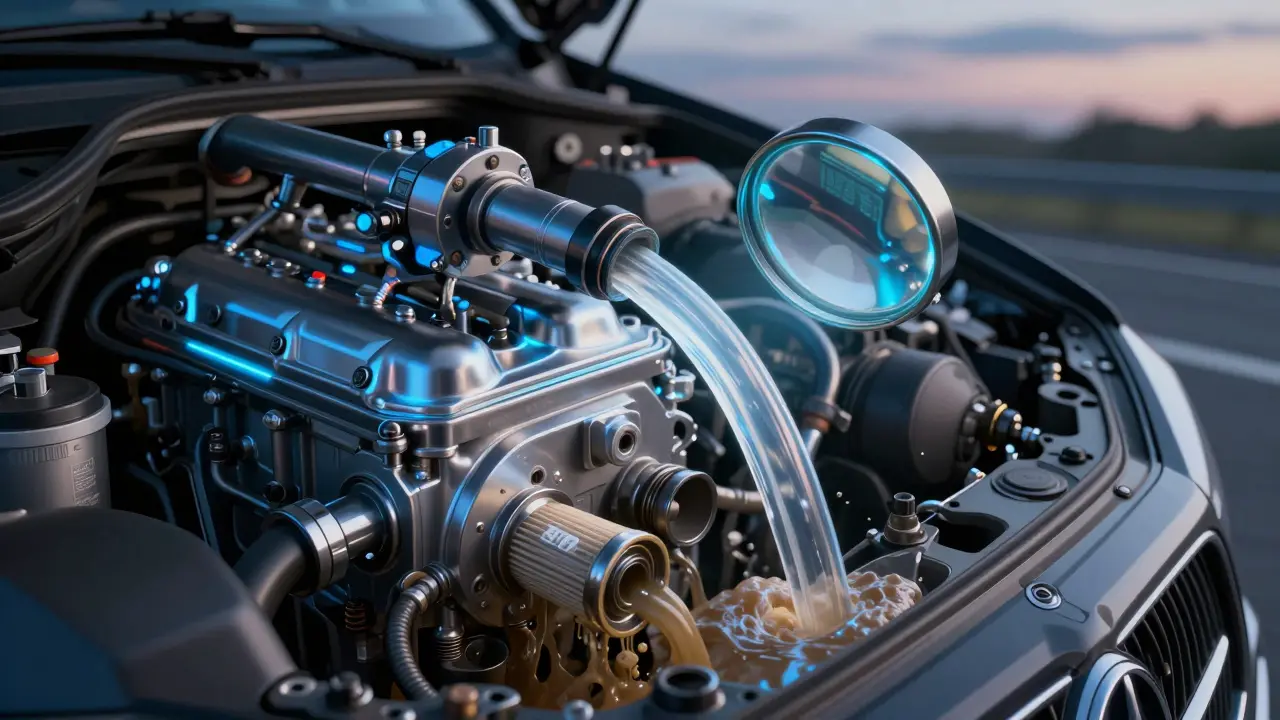 Vnitřní pohled na dieselový motor Mercedesu s čistým a znečištěným tokem paliva.