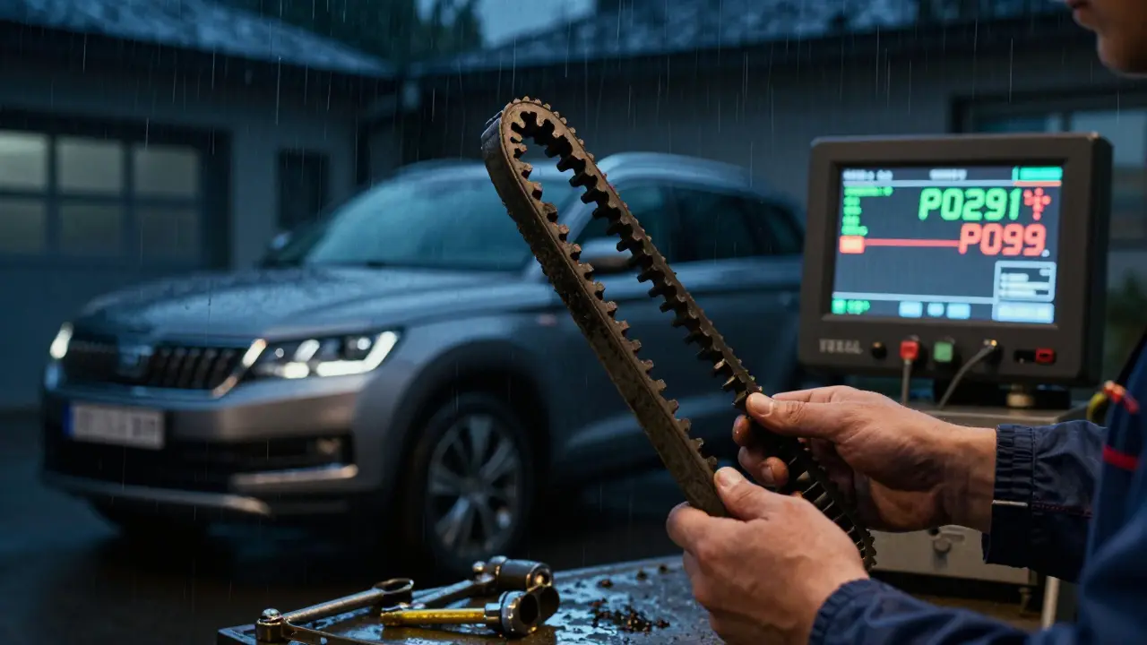 Znovu nastavovaný řemen rozvodu vedle poškozeného, s diagnostickým displejem v pozadí.