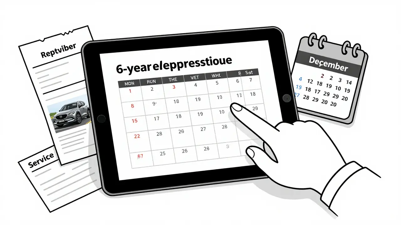 Accountant explaining depreciation schedule for Mazda CX-5 using a digital tablet.