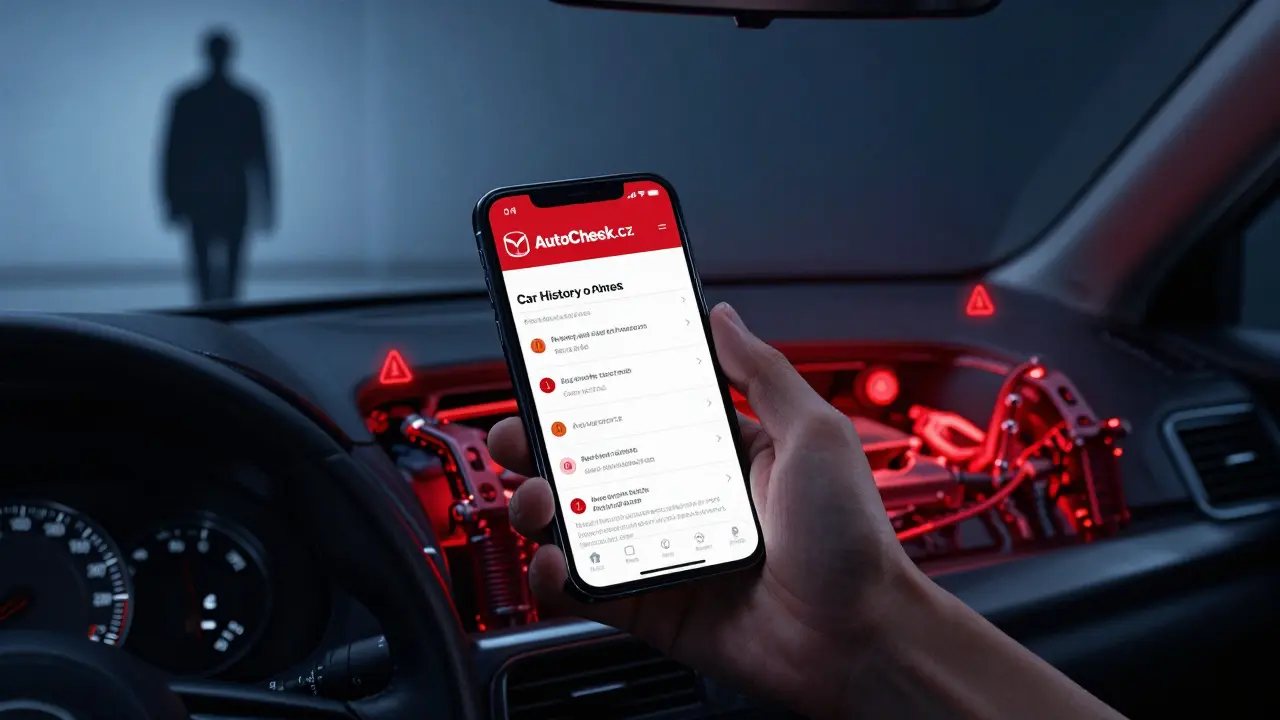 Chybové indikátory na obrazovce přehledu historie auta ukazují problémy s motorovým a podvozkovým systémem.
