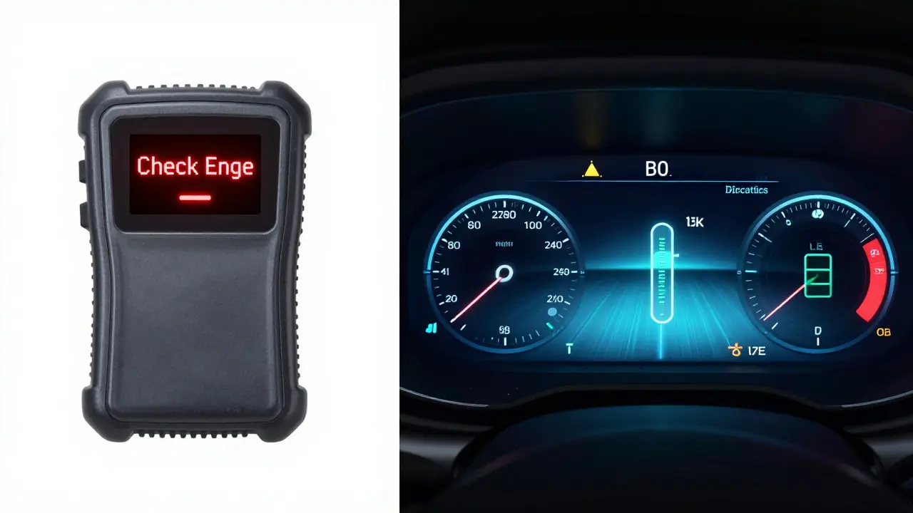 Contrast between basic OBD2 error code and detailed Mercedes diagnostic data on screen.