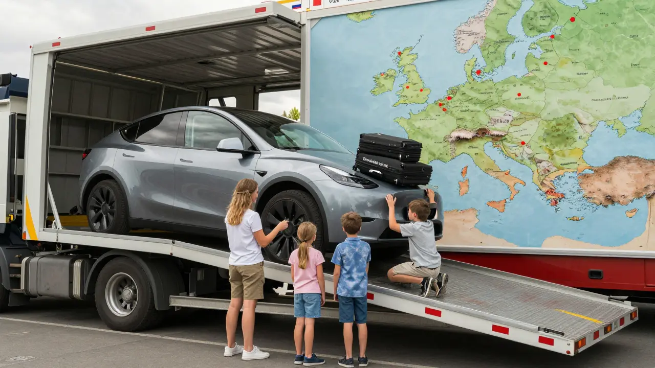 Czech family loading Tesla Model Y onto international transport ship.