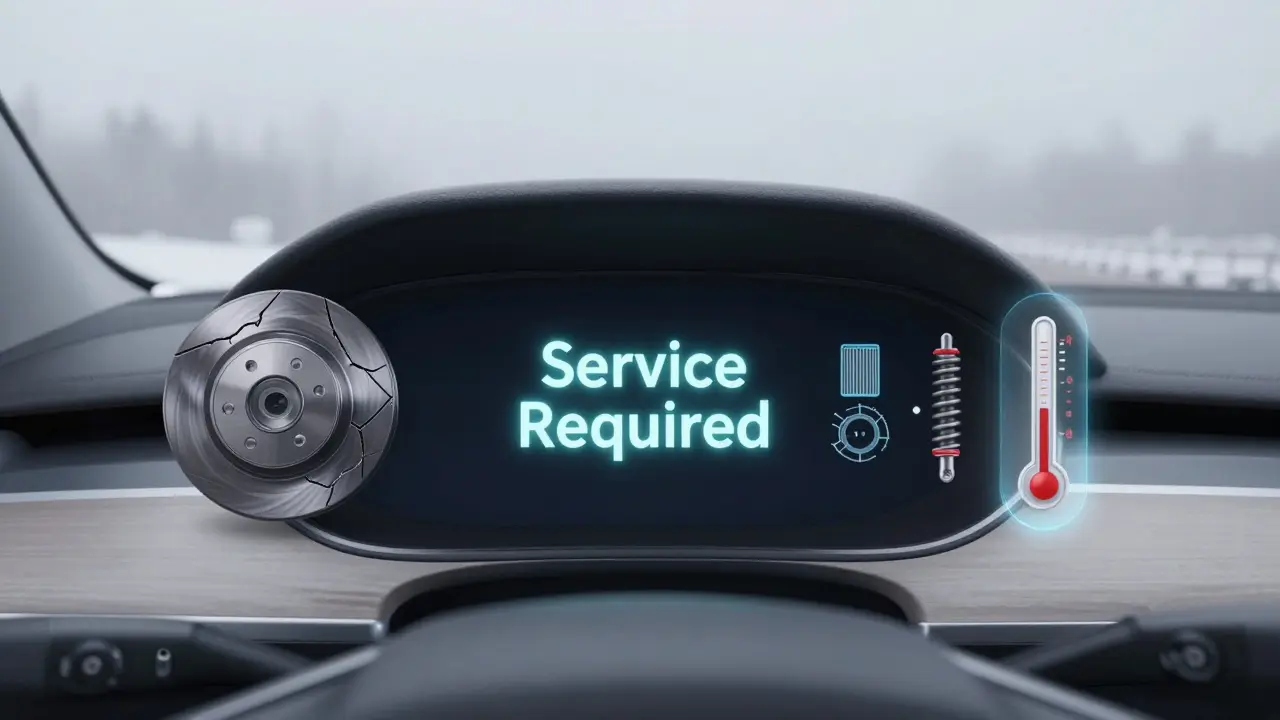 Digitální displej Tesly zobrazující varování 'Service Required' s ikonami poškozených součástek kolem.