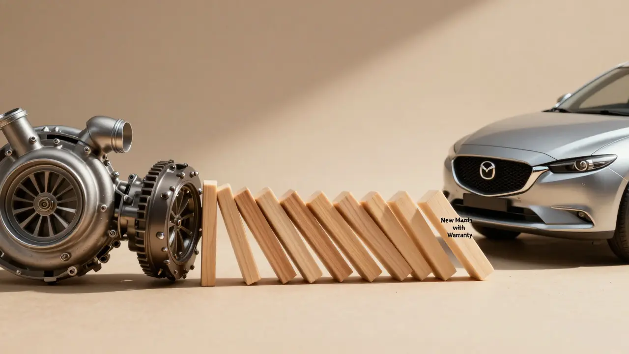 Dominový efekt poruch v autě, zatímco nové auto s zárukou zůstává stabilní.