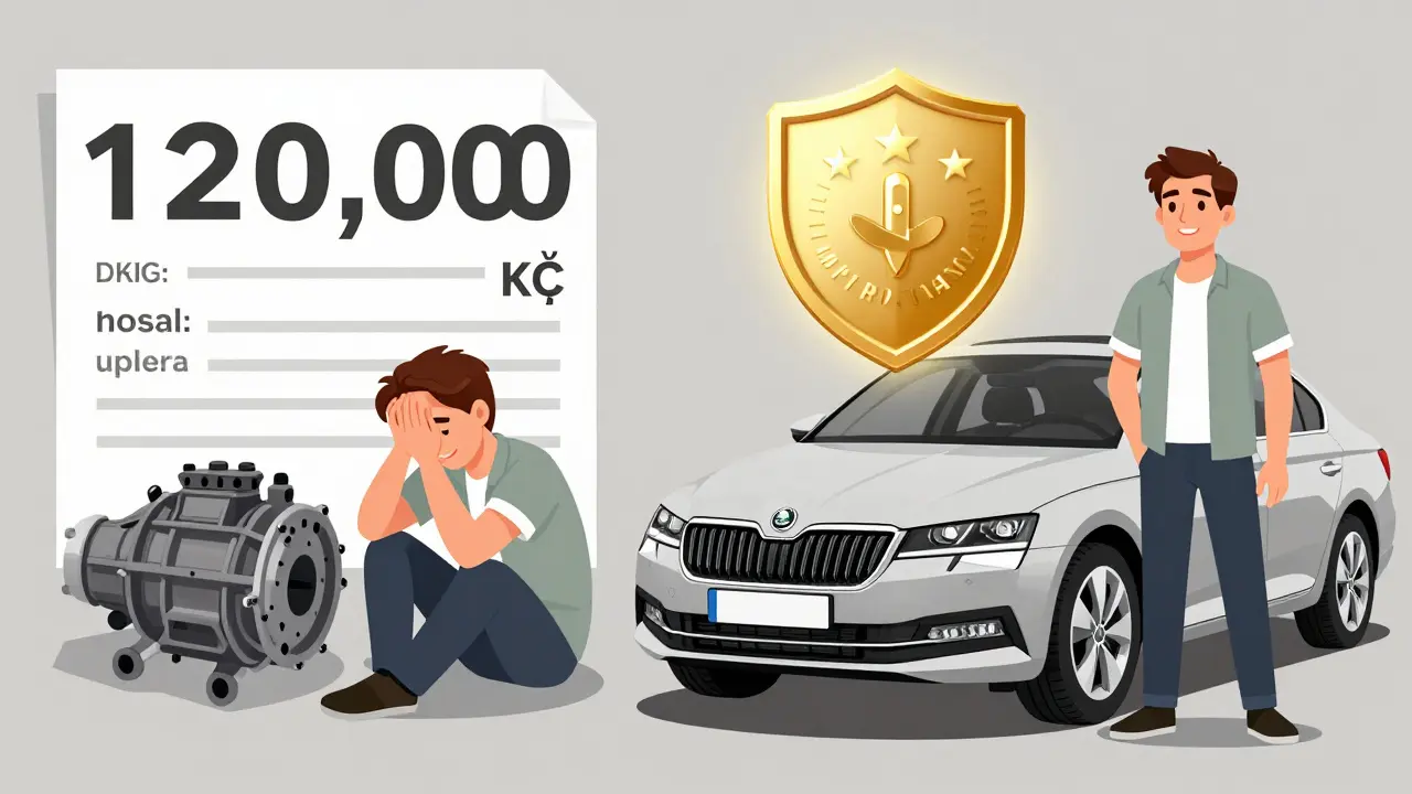 Dvě scény: jeden strana s vysokým účtem za opravu, druhá s autem pod zárukou a štítkem klidu.