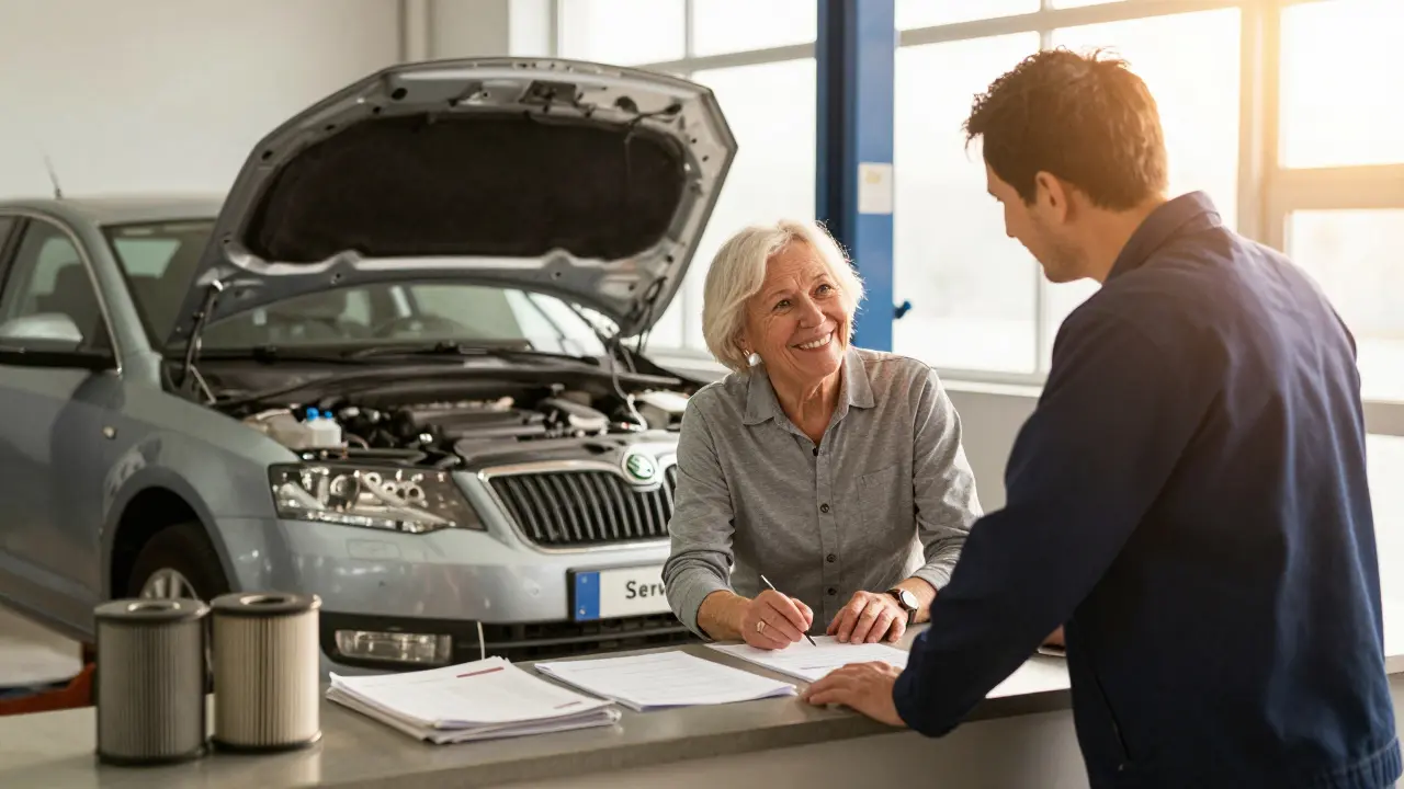 Elderly driver receiving service explanation after full maintenance on a high-mileage Škoda Octavia.
