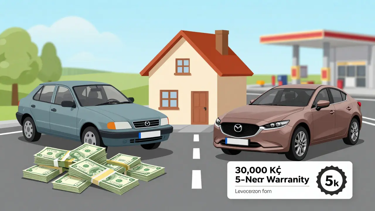 Finanční srovnání nákladů na opravy starého auta a splátek nového Mazda.