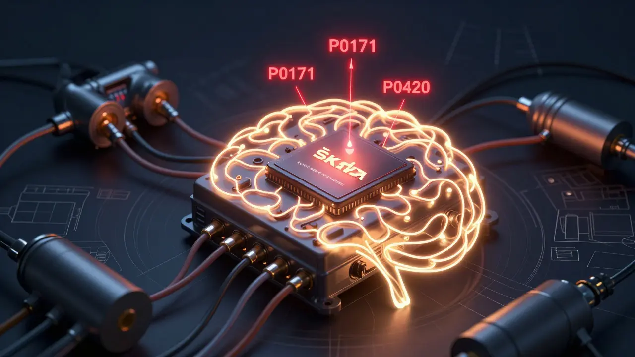 Glowing ECU s datovými toky ze senzorů a chybovými kódy jako P0171 a P0420 v temném prostředí motorového prostoru.