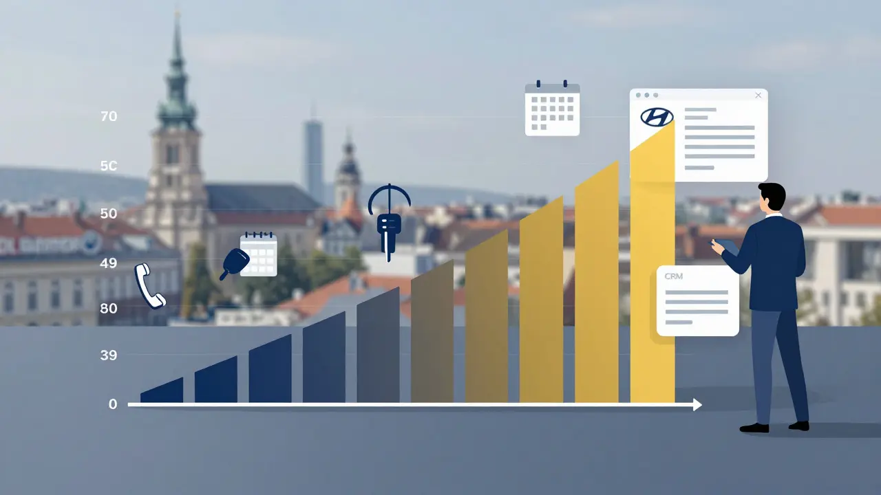 Graf příjmů prodejce aut v Česku s výkyvy podle ročních období a průměrným příjmem 35–45 tisíc Kč.