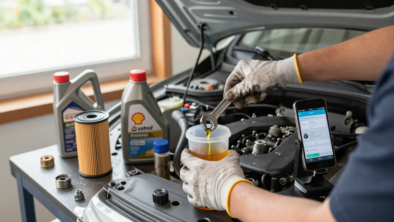 Home DIY oil change on BMW F30 with tools and oil containers on workbench.