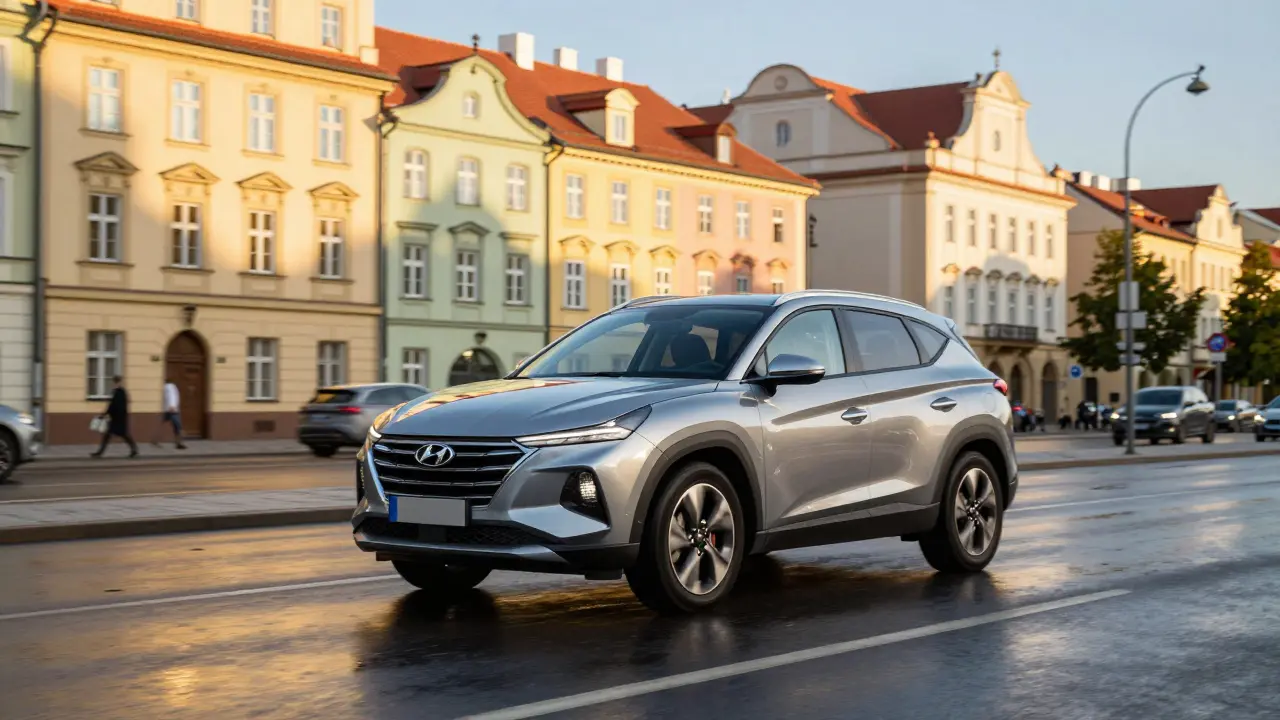 Hyundai Tucson na pražské ulici s historickou architekturou