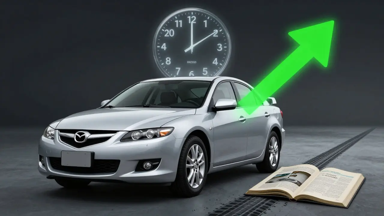 Mazda 6 in excellent condition after 7 years with a faded 6-year depreciation clock above.