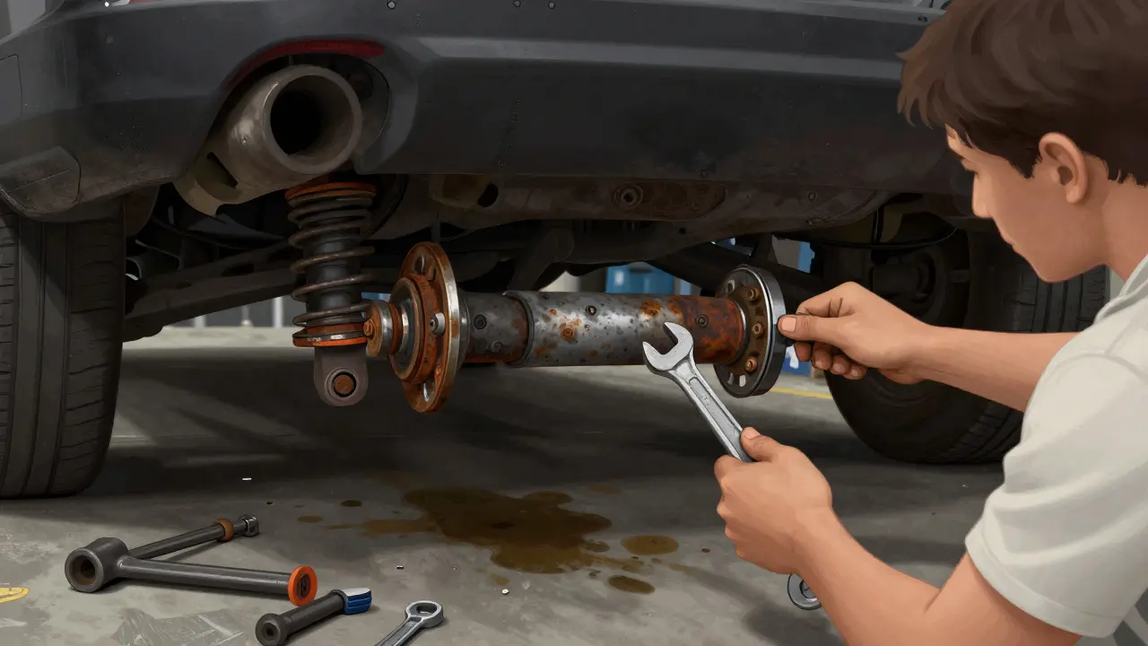 Mechanik kontroluje zkorodovaný zadní nápravový systém auta Mazda 6 pod výškovým stojanem.