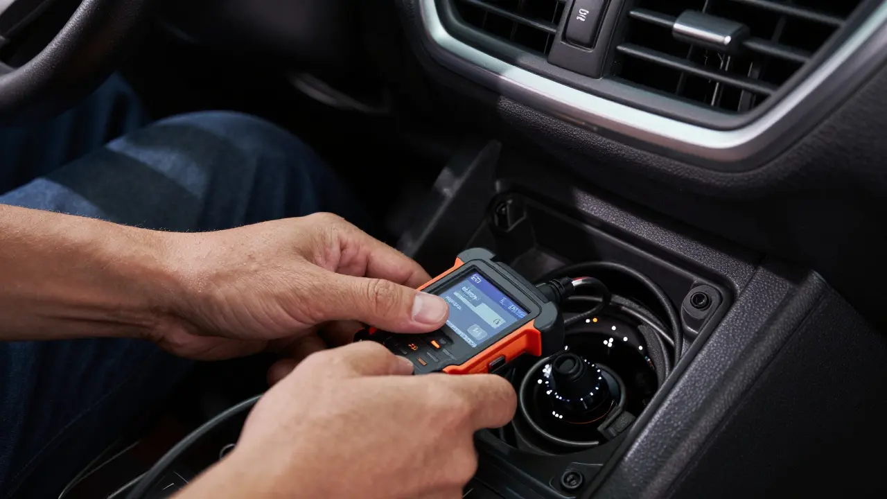 Mechanik připojuje diagnostický přístroj k OBD-II portu Fordu