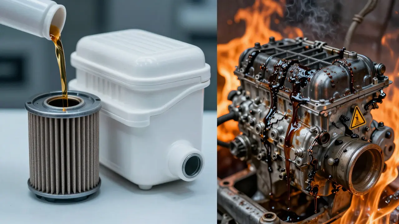 Porovnání čistého a znečištěného olejového filtru a jeho dopadu na motor.