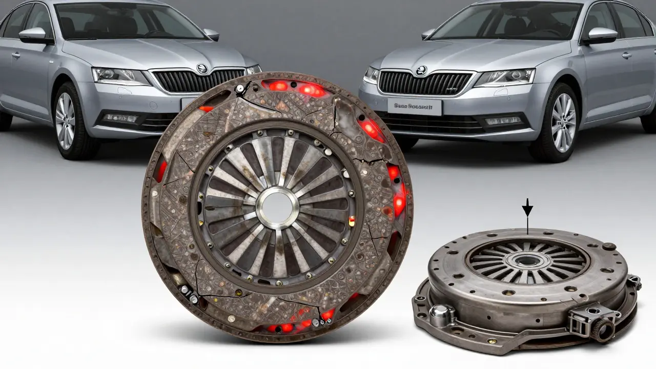 Porovnání opotřebované a nové spojky s viditelnými známkami přehřátí a poškození.