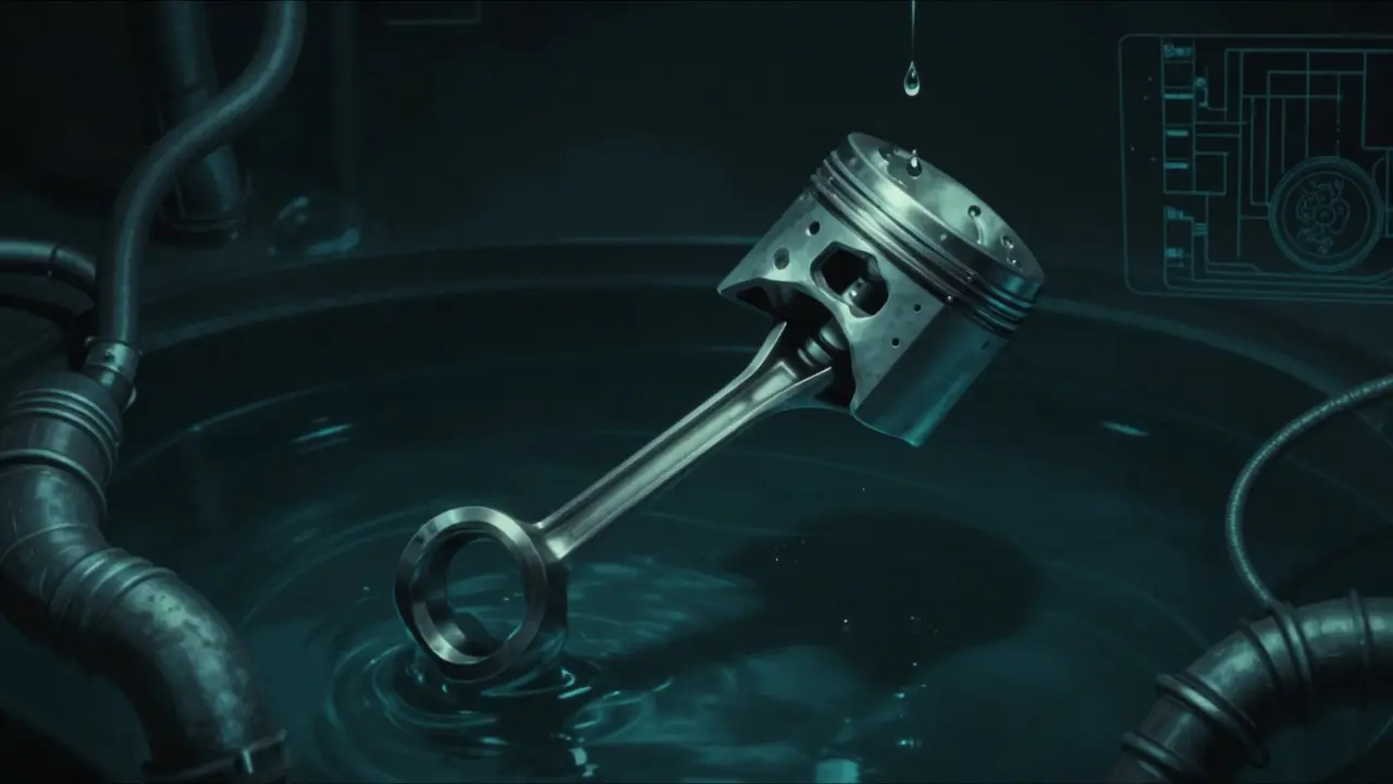 Poškozený klikový hřídel a píst v motoru způsobené vodou.