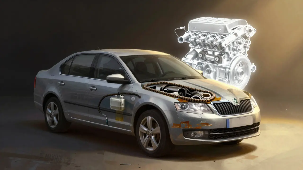 Přednostní a zanedbaný motor Škody v kontrastním znázornění s průhlednými vnitřními částmi.