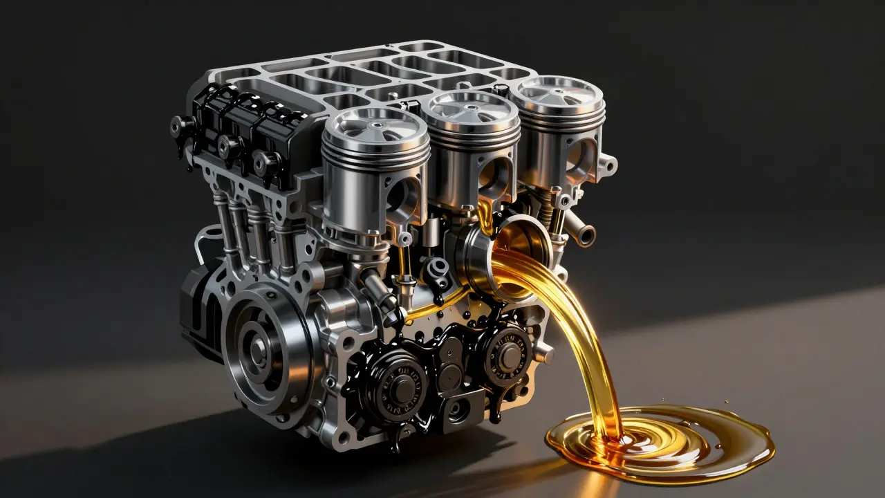 Průhledný pohled do motoru s černým špínou na vnitřních součástech a čistým olejem, který proudí.