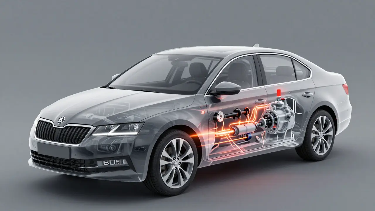 Průhledný pohled na Škoda s vnitřními systémy motoru, EGR ventilu a převodovkou DSG zobrazenými jako vrstvy.