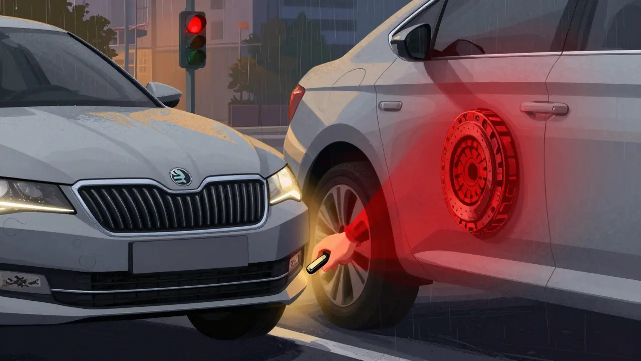 Řidič jemně uvolňuje spojku na semaforu v Škoda Superb s jemným zářivým efektem.