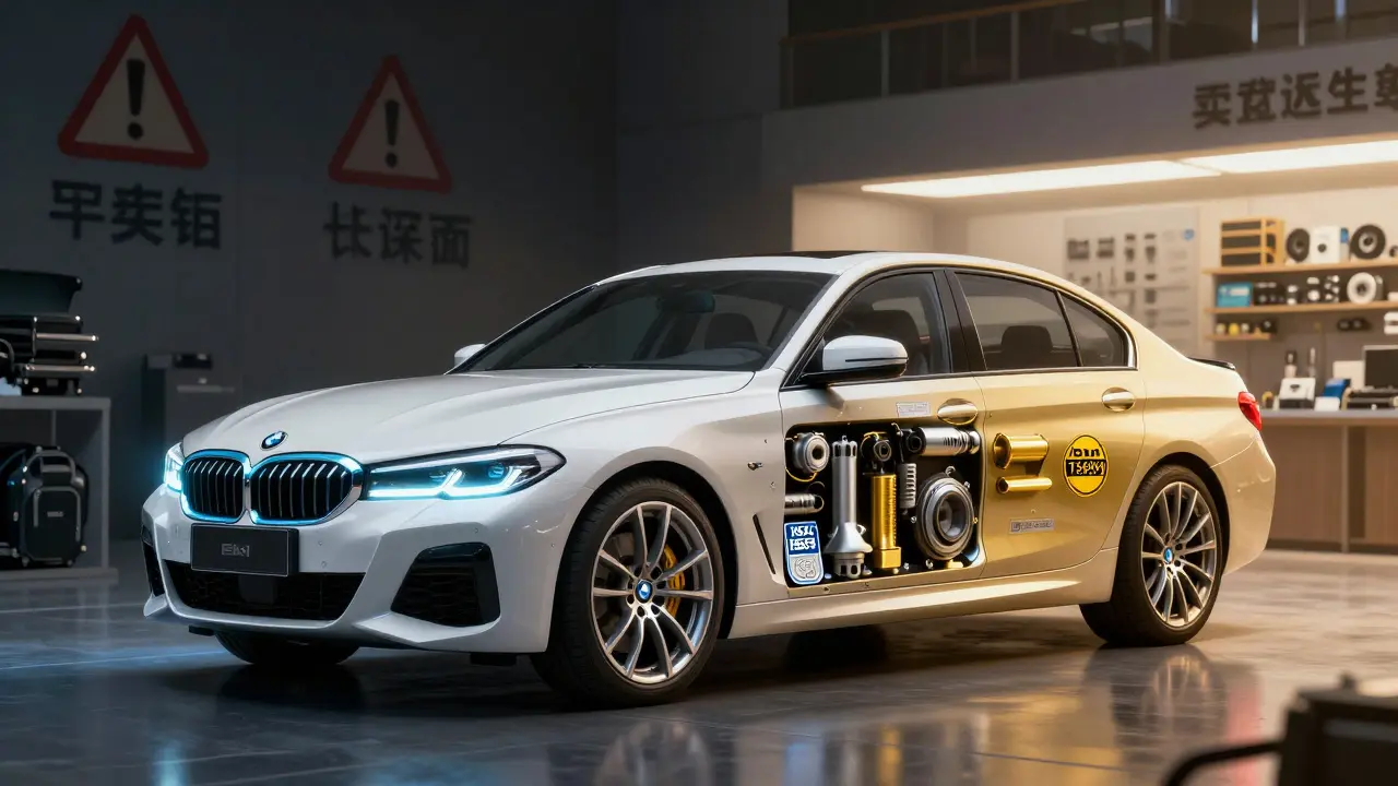 Rozdělený BMW: originální díly na jedné straně, kvalitní náhrady na druhé, s varováním proti čínským falešným dílům.