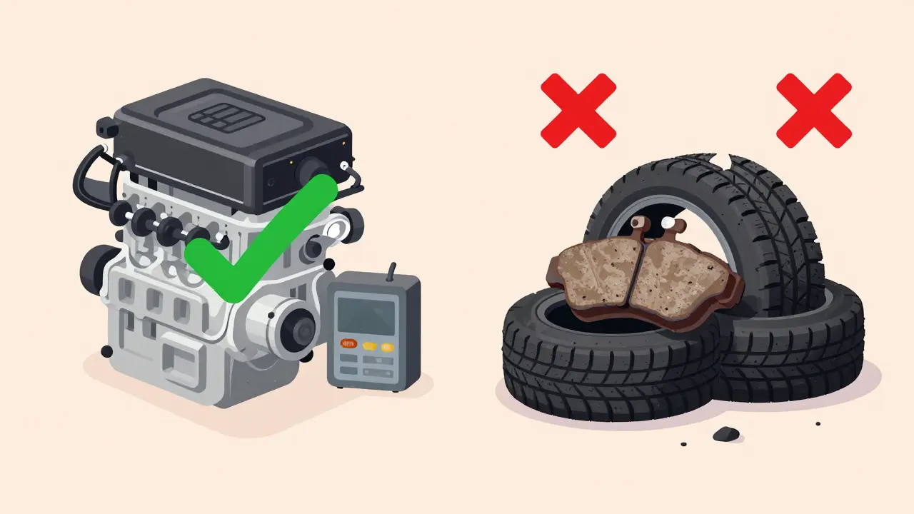 Rozdělený obrázek: zelené kontrolky motoru a elektroniky vs červené brzdy a pneumatiky.