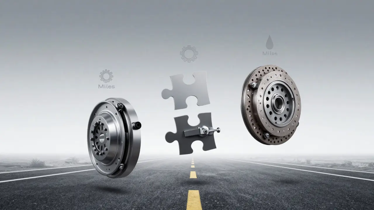 Rozložené díly spojky s ikonami připomínajícími udržování a kilometráž.