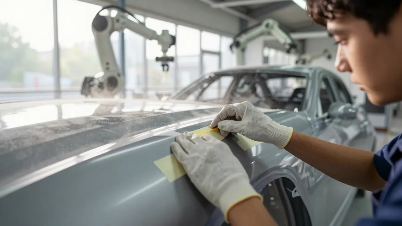 Ruce začátečníka připravují karosérii auta pro nátěr s viditelnými částicemi prachu ve světle.