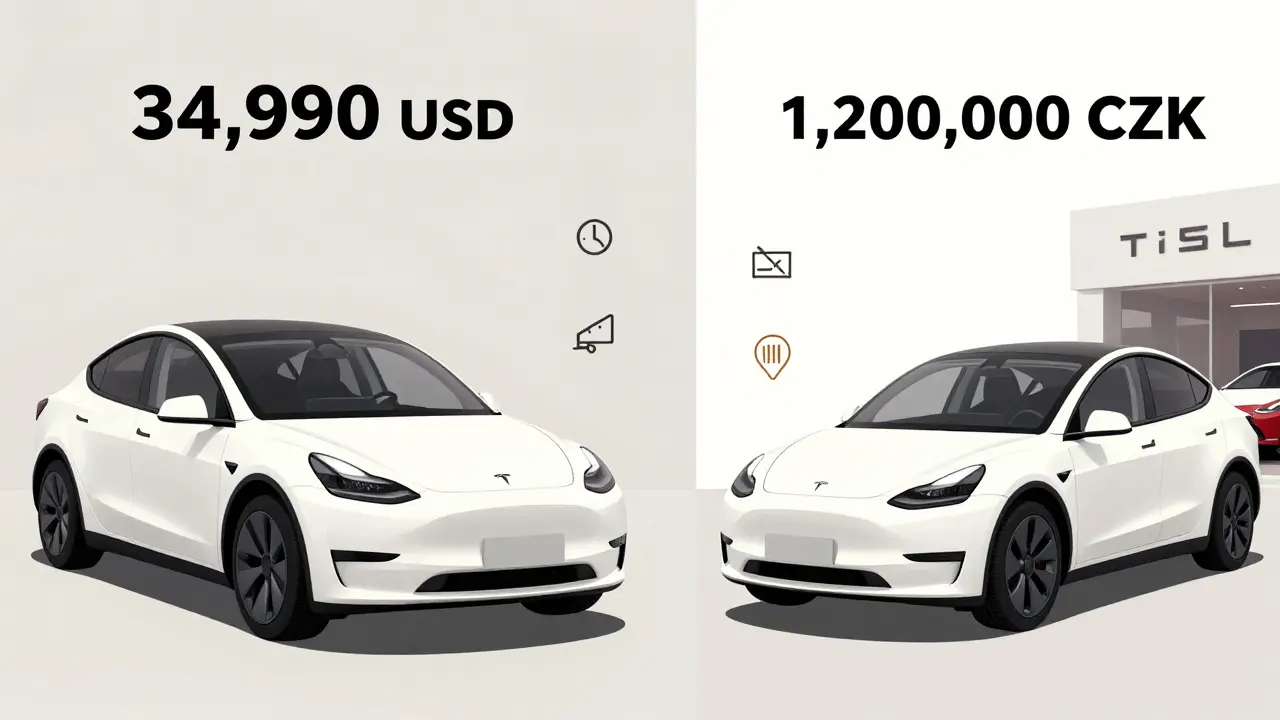 Side-by-side comparison of Tesla Model 3 prices in USA and Czech Republic.