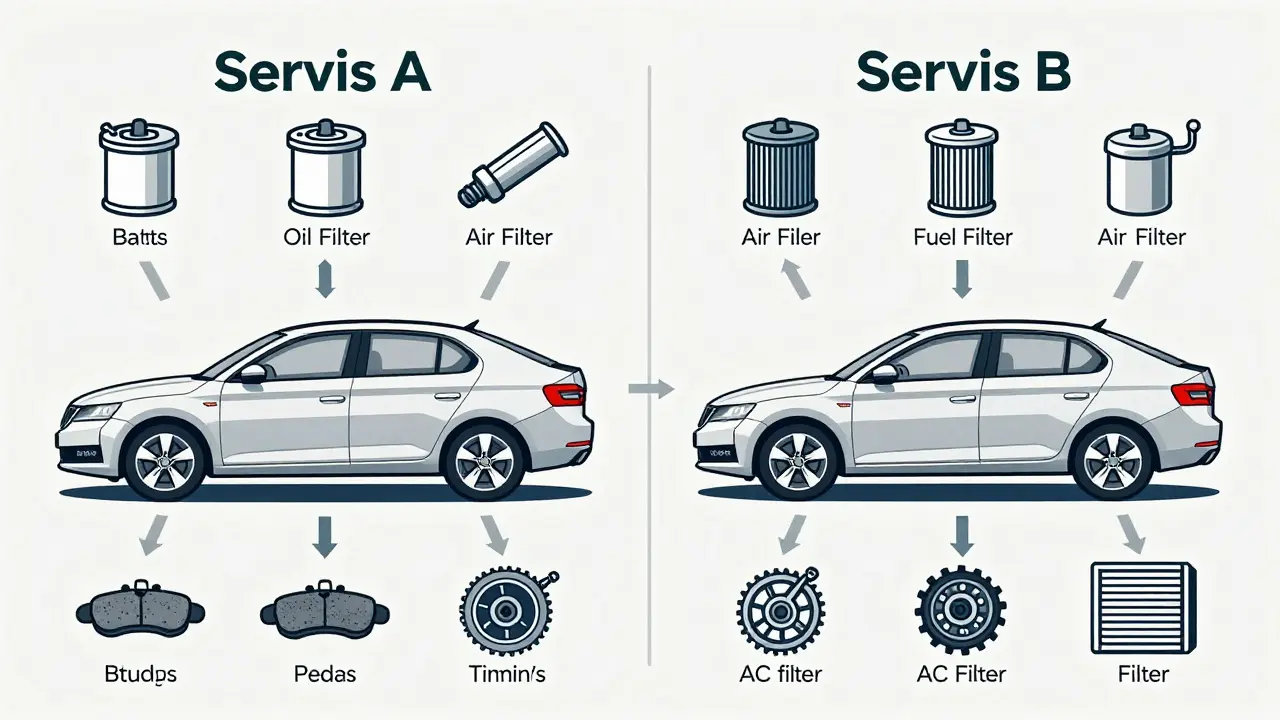 Technical illustration comparing Servis A and Servis B maintenance steps for Škoda vehicles with labeled components.