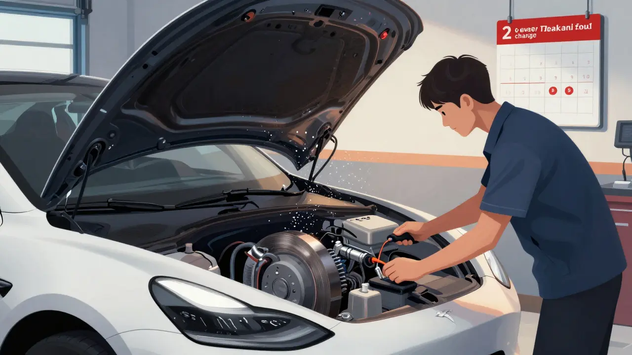 Technik kontroluje brzdovou kapalinu u Tesly Model 3 s diagnostickým zařízením a kalendářem v pozadí.