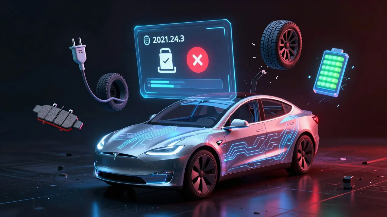 Tesla car visualized as a computer with software updates and battery degradation icons.