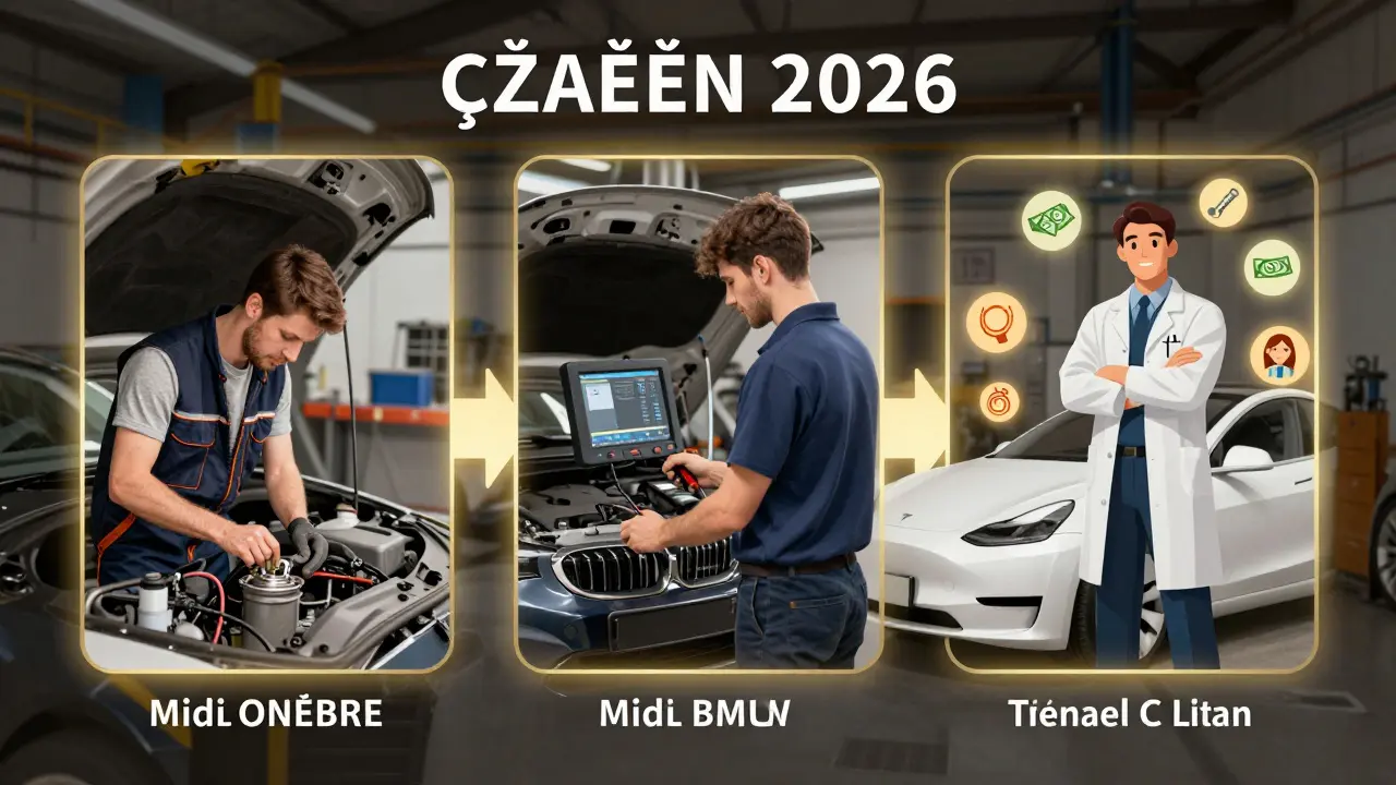 Tři fáze kariéry automechanika: začátečník, středně pokročilý a expert, vystupující z jedné cesty odbornosti.