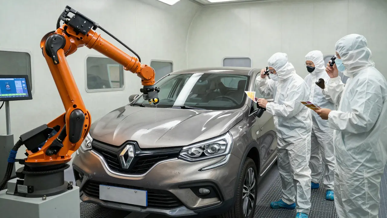 Tři technici sledují robotický nátěr dvoubarevného Renault Arkana s digitálním ovládáním.