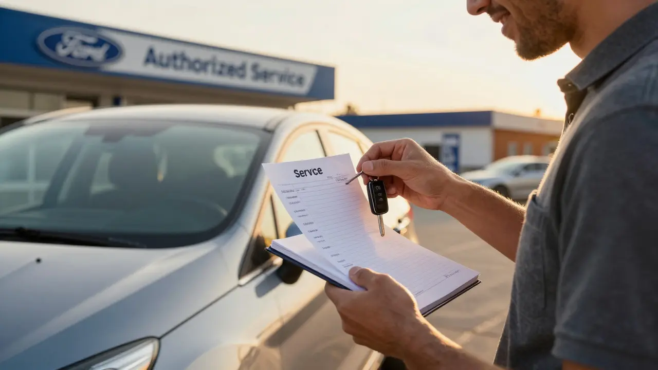 Vlastník Fordu si po servisu ověřuje klíče a potvrzení opravy.