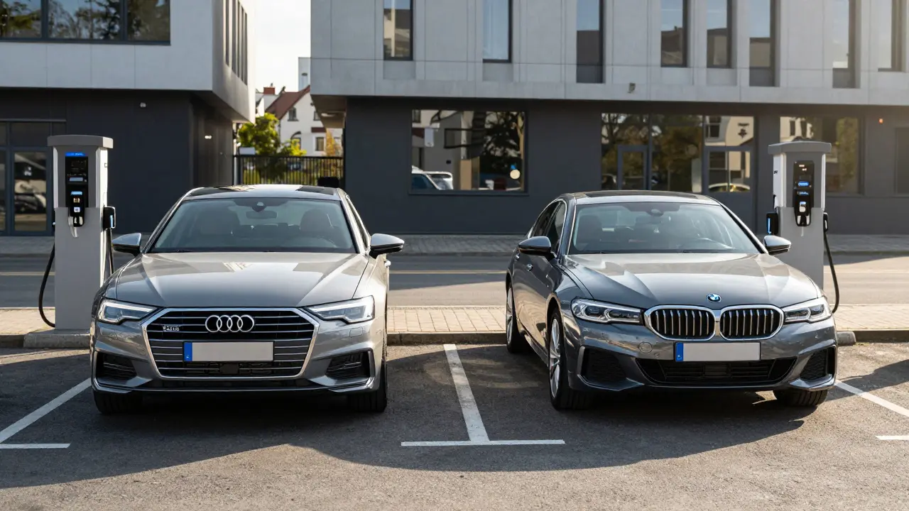 Audi A6 e-tron a BMW i5 na nabíjecí stanici v Praze s viditelnými rozdíly v nabíjení a designu.