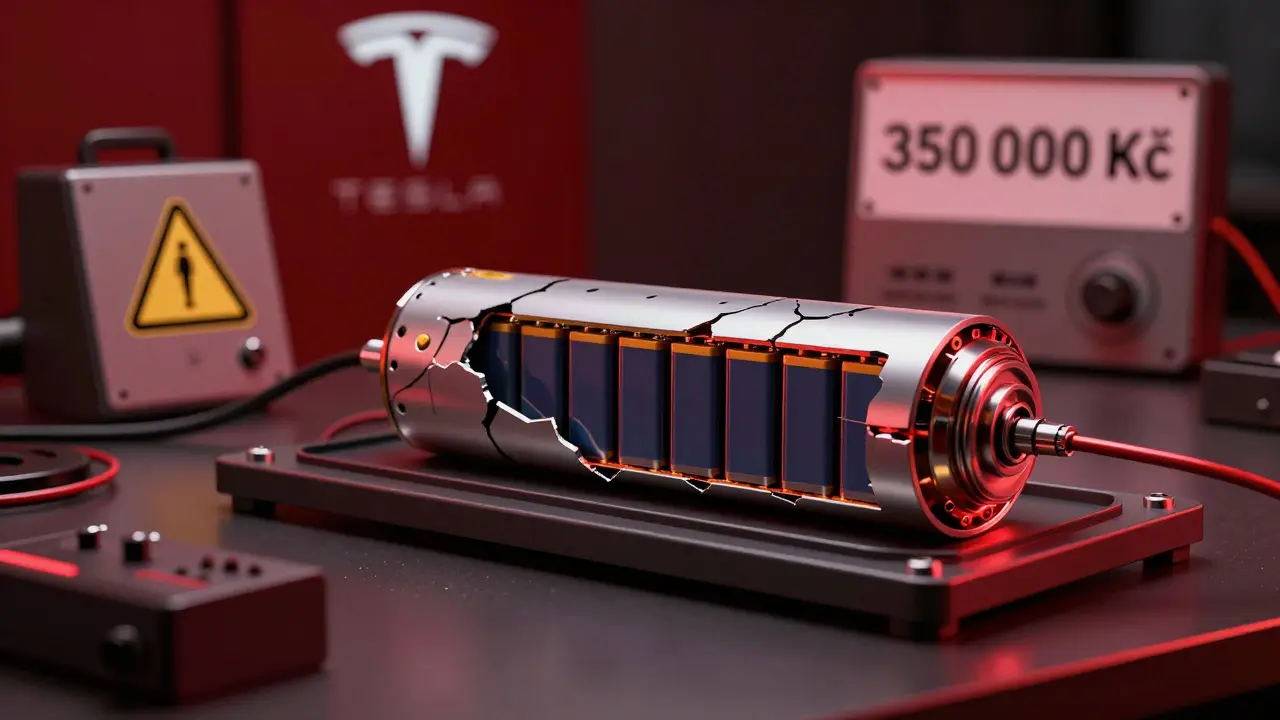 Damaged Tesla battery module with diagnostic tools nearby, highlighting high repair cost.