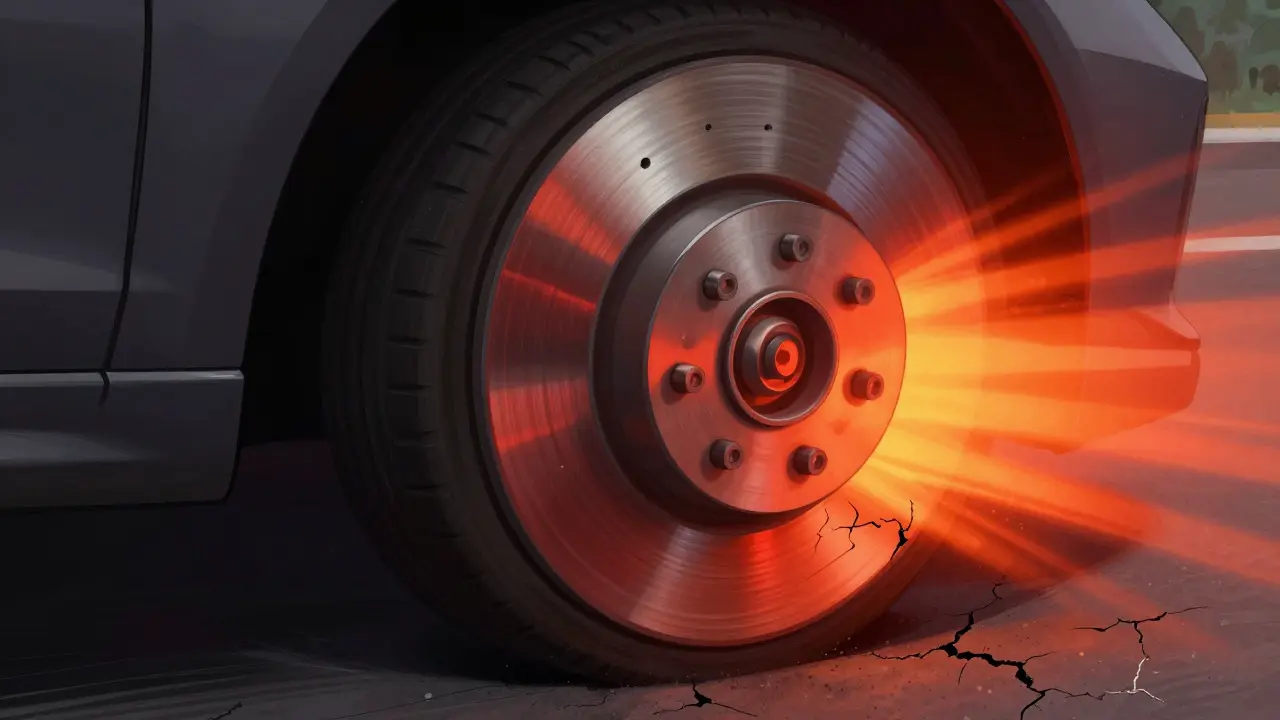 Deformovaný brzdový kotouč s tepelnými stíny a trhlinami při extrémním zatížení.