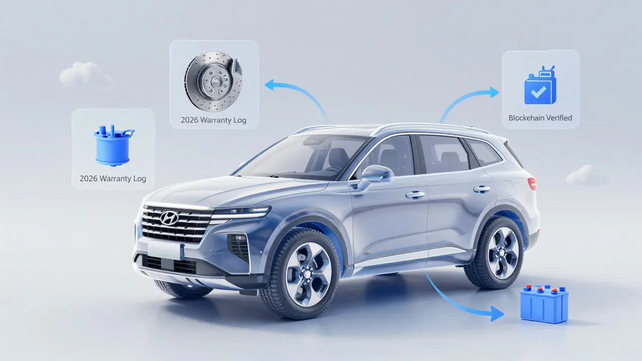 Digital illustration of a Hyundai Santa Fe with highlighted inspection points and blockchain verification icons.