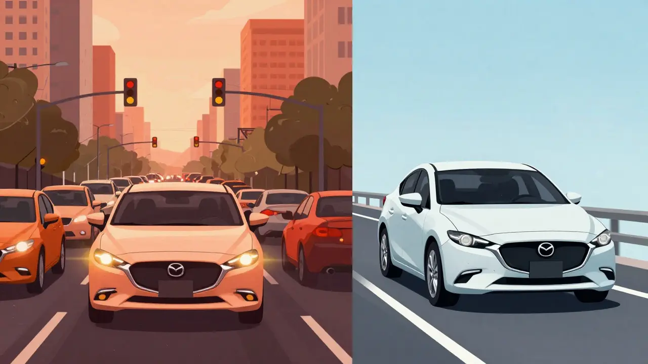 Dvě scény jízdy: městská s častými bržděními a dálniční s mírným bržděním, ukazující různé opotřebení destiček.