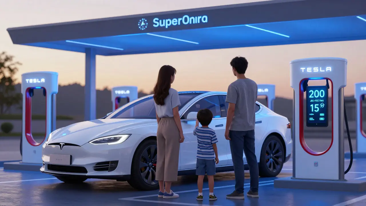 Family at Supercharger station watching rapid battery recharge on screen.