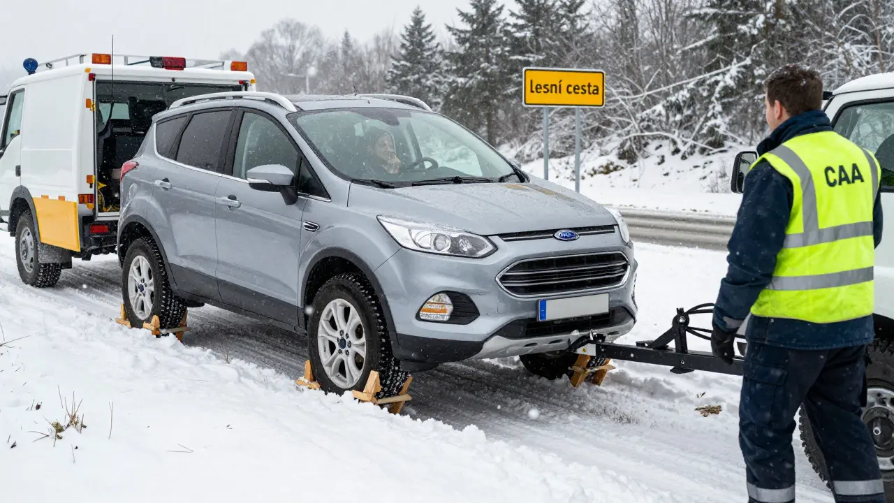 Ford Kuga vytahován z sněžného příkopu speciálním vlečným vozidlem s hydraulickým lankem.
